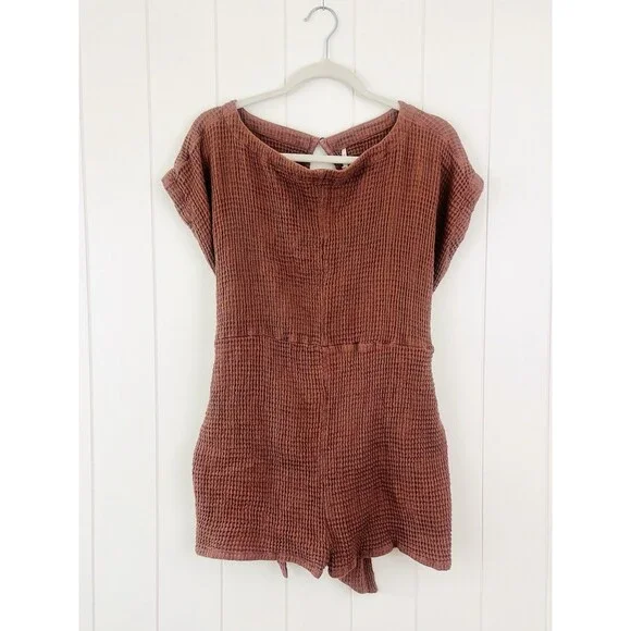 Free People Pull Me In Brown Textured Waffle Knit Soft Cozy Romper Minimalist S - Picture 3 of 10
